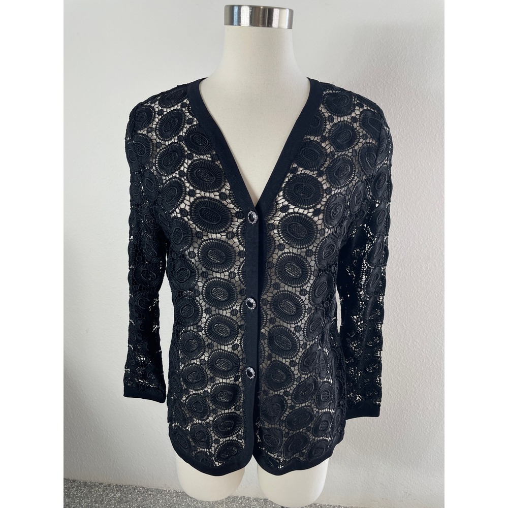 Exclusively Misook Petite Small Black Crochet Cardigan Rhinestone Button Jacket